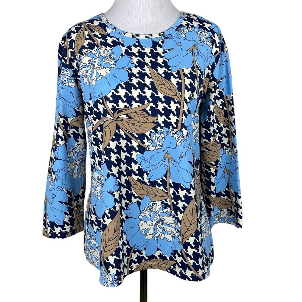 J. Mclaughlin Catalina Cloth Top Womens Large Blue Floral Blouse 3/4 Sleeve Tee